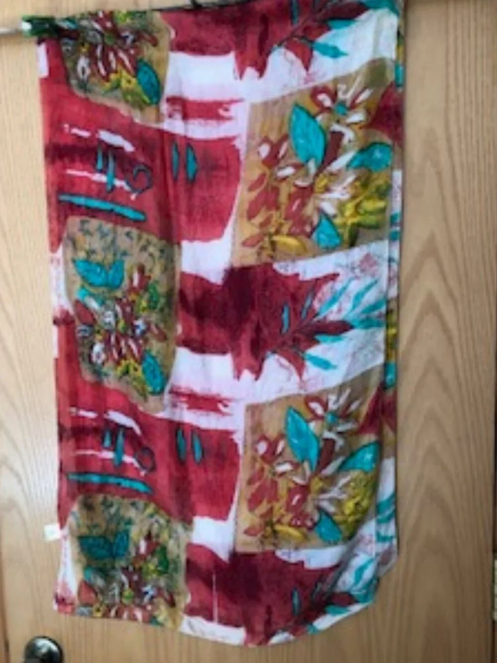 Vintage Large Multicolor Oblong Scarf Silk Red Teal Yellow India